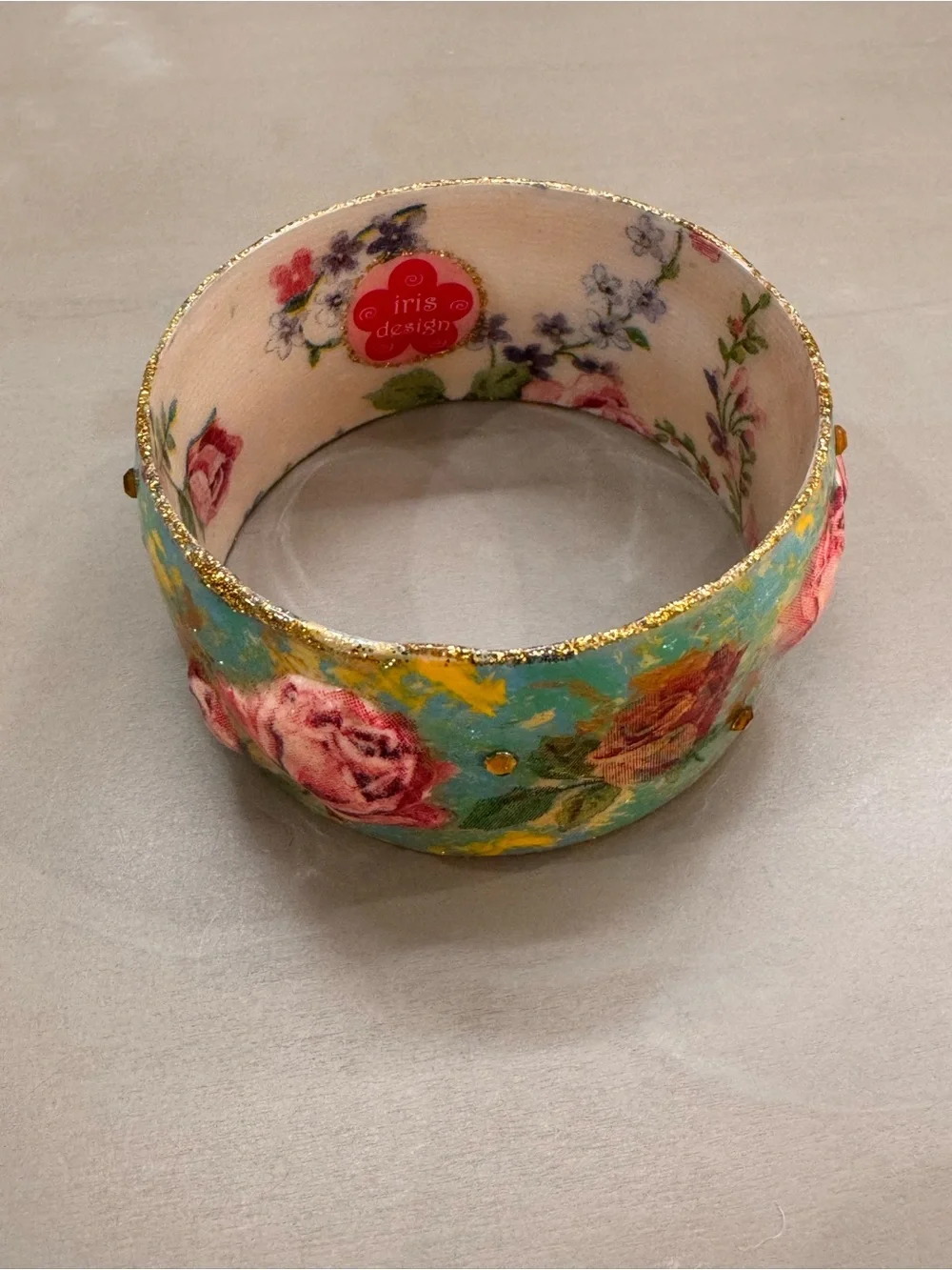 iris Floral Turquoise and Pink Rose Bangle with Gold Trim